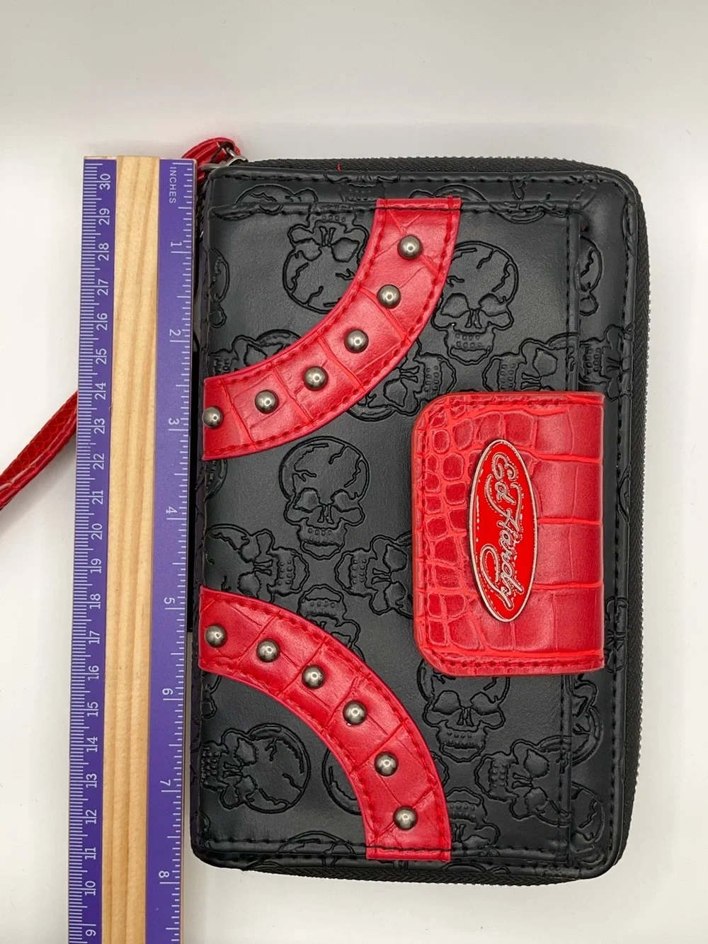 NWT Ed Hardy Black and Red Skull-Embossed Wristlet Wallet Biker Grunge Goth